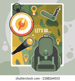 Travel Hintergrund Rucksack Messer Kompass Karte Fernglas Symbole. Vektorgrafik.