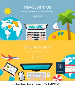 Travel background. Booking airline tickets concept. Web banners with top view of laptop computer,  tablet, jet airliner flying, palms, drink, passport, boarding pass ticket, globe, vector illustration