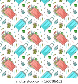 Travel background with cartoon polycarbonate travel plastic suitcases. luggages with wheels , palm leaves, tropical leaf. Colorful design for background. Travel to World. White background
