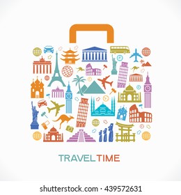 Travel background. Colorful template with baggage, icons and tourism landmarks. File is saved in 10 EPS version.