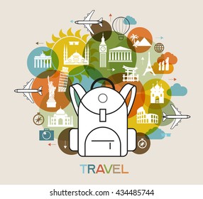 Travel background. Colorful template with icons of luggage, attractions and tourist. The file is saved in the EPS 10 version.