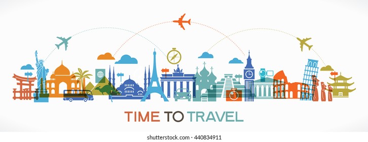 Travel Background. Colorful Template With Icons Tourism And Landmarks. 