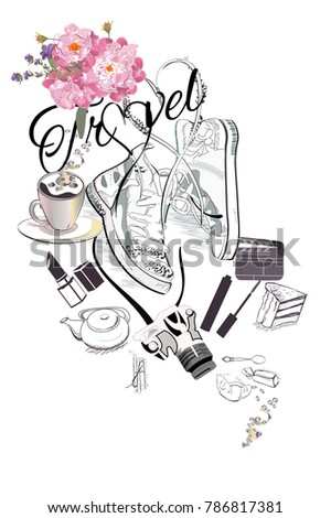 Travel background with a cup of coffee and a pair of sneakers with laces in the form of heart. Hand drawn vector illustration. 