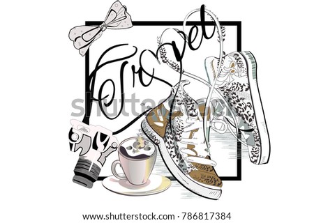 Travel background with a cup of coffee and a pair of sneakers with laces in the form of heart. Hand drawn vector illustration. 
