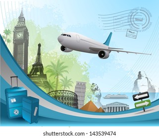 Travel background design with famous landmarks elements