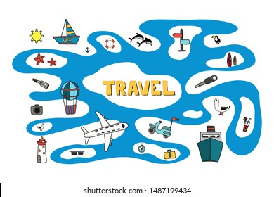 Travel background with doodles elements. Vector illustration.