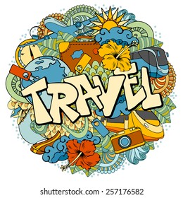 Travel background with doodles elements. Vector illustration.