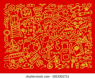 travel background and doodles in a red and yellow colors outlines