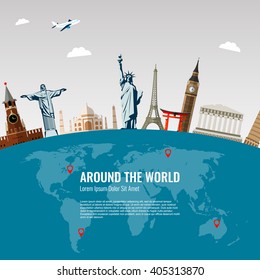 Travel background with famous World Landmarks icons. Vector Illustration