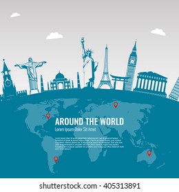 Travel background with famous World Landmarks icons. Vector Illustration