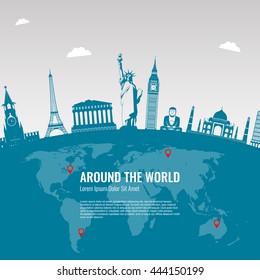 Travel background with famous World Landmarks icons. Vector Illustration