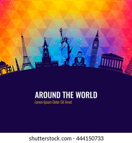 Travel background with famous world landmarks icons. Vector illustration
