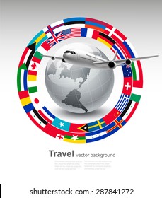 Travel background. Globe with a plane and a circle of flags. Vector.