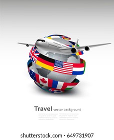 Travel background. Globe with a plane and a circle of flags. Vector.