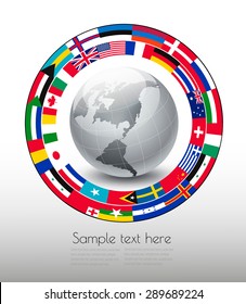 Travel background. Globe with a strip of flags. Vector.