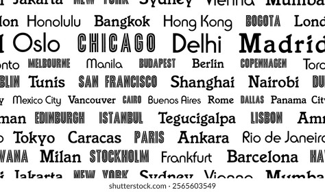 Travel background graphic design. City name words typography pattern. Seamless vector fashion pattern - black and white world travel concept.