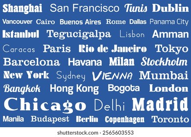 Travel background graphic design. City name words blue white typography pattern for a rectangular product.