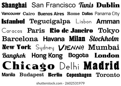 Travel background graphic design. City name words black and white typography pattern for a rectangular product.