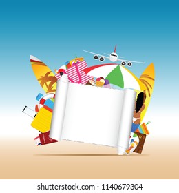 travel background illustration with white paper banner and stuff