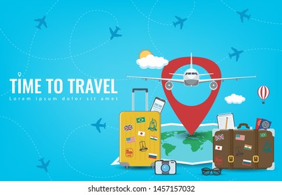 Travel background with luggage, airplane, world map and other equipment. Travel and Tourism concept. Vector illustration