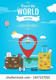 Travel background with luggage, airplane, world map and other equipment. Travel and Tourism concept. Vector illustration