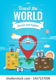 Travel background with luggage, airplane, world map and other equipment. Travel and Tourism concept. Vector illustration