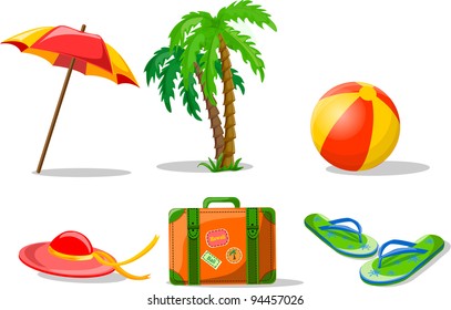 Travel background, palm, ball, flip-flops and suitcase