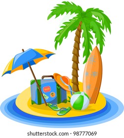 Travel background, palm, ball,surfboard,  flip-flops and suitcase