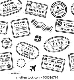 Travel background - passport stamps collage. Fictitious stamps set.