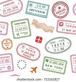 Travel background - passport stamps collage. Fictitious stamps set.