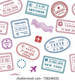 Travel background - passport stamps collage. Fictitious stamps set.