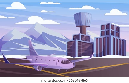 Travel background. Plane at airport. Airplane in north nature. Winter mountains landscape air building. Aviation airline terminal. Frozen cold runway. Aircraft trip. Vector garish cartoon illustration