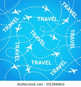 Travel Background Planes Flying On Blue Airplane Routes Tourism Concept Flat Vector Illustration