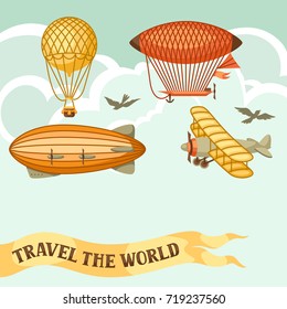 Travel background with retro air transport. Vintage aerostat airship, blimp and plain in cloudy sky.