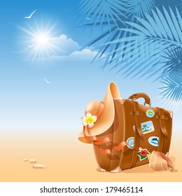 Travel background with retro suitcase and beach hat