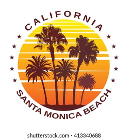 Travel Background for Santa Monica, California. Exotic Print with Palm Trees for T-Shirt.