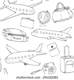 Travel background. Seamless vector pattern with planes, globe, bag and suitcases. Black and white texture