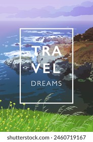 Travel background with seascape, tropical sunset ocean, beach and island, coastline and typography design for posters, covers, cards. Vector template and illustration.