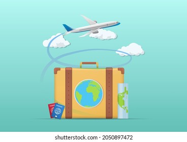 travel background with suitcase and plane