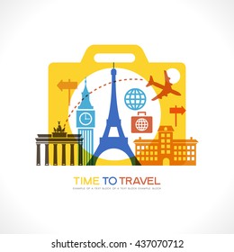Travel background. Symbol camera surrounded by the landmark and tourism icons. File is saved in 10 EPS version.