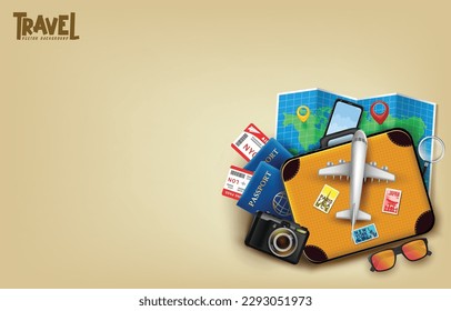 Travel Background Template with Suitcase and Airplane on Top with Stamps and Map with Pin and Phone Also Including Passport and Plane Ticket Pass Beside the Camera Creative Design. Vector Illustration