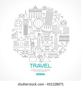 Travel background. Template with tourism, landmarks icons and text. Linear design. File is saved in 10 EPS version. 