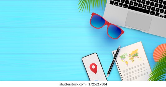 Travel background for text vector illustration Travel time. Summer vacation. Vector concept banners in realistic. Travel symbols, objects and accessories, sunglasses, map and equipment