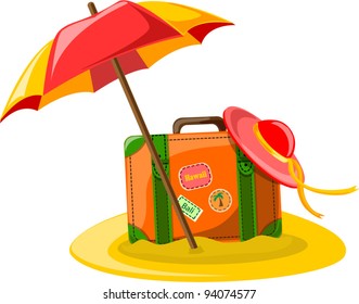 Travel background,  umbrella, hat and suitcase