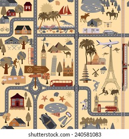 Travel background. Vacations. Beach resort, camping, excursion and landmarks seamless pattern. Vector illustrations