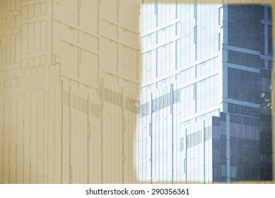 Travel background in vector format. Modern stylish painting with watercolor and pencil. digitally transformed photo of modern office building. Business background.