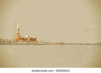 Travel background in vector format. Modern stylish painting with watercolor and pencil. Piazza di San Marco view on Piazza di San Marco from a boat.