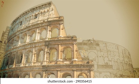 Travel background in vector format. Modern stylish painting with watercolor and pencil. Colosseum (Coliseum) in Rome, Italy. The Colosseum is an important monument of antiquity.