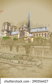 Travel background in vector format. Modern stylish painting with watercolor and pencil. Notre-Dame church, tourist boat, view from Seine, southern facade, Paris.
