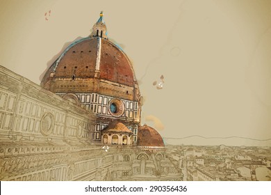 Travel background in vector format. Modern stylish painting with watercolor and pencil. The Basilica di Santa Maria del Fiore (Basilica of Saint Mary of the Flower) in Florence, Italy